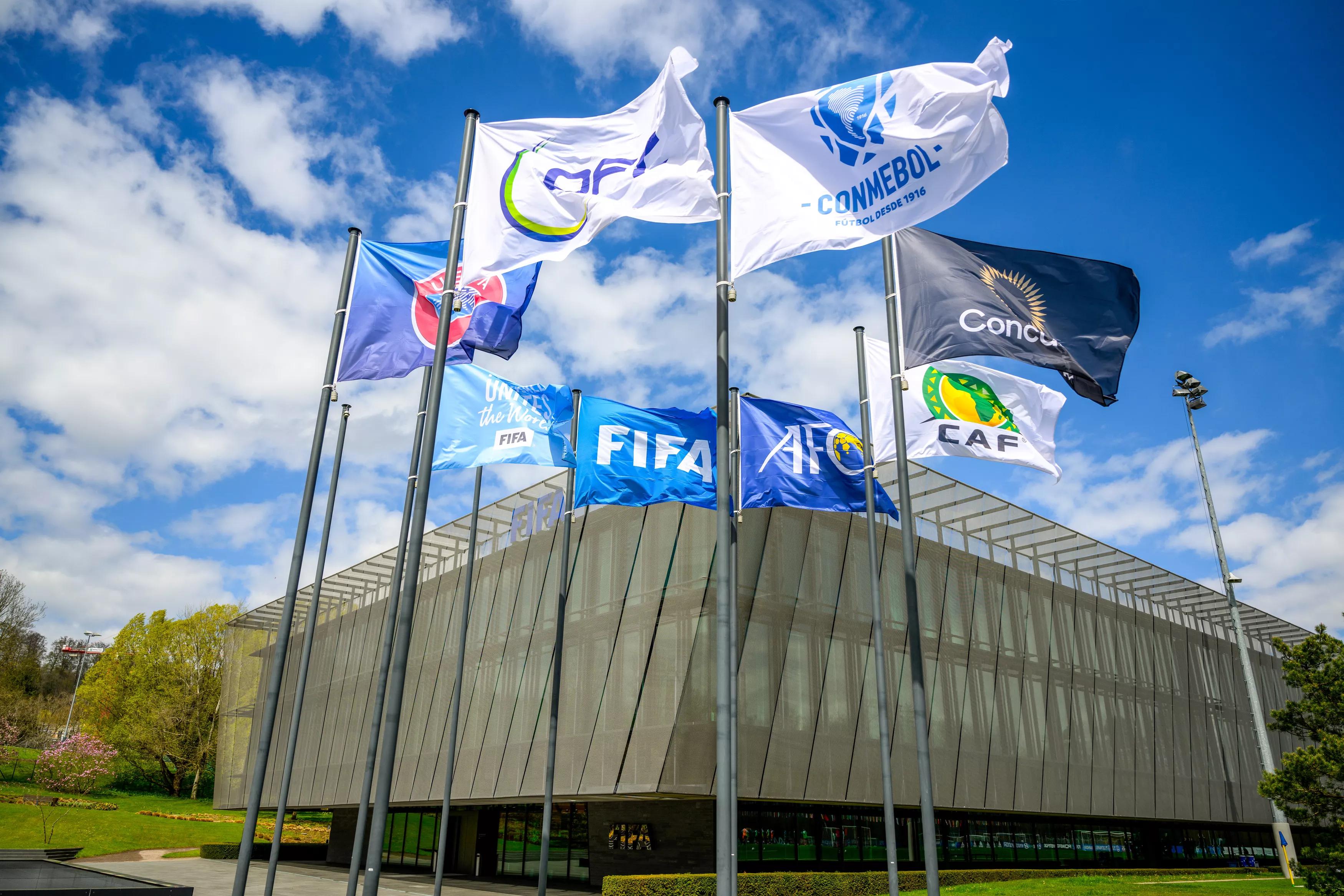 ZURICH, SWITZERLAND - APRIL 24: A view of the FIFA flag alongside the Confederation flags and the Football Unites the World flag during the FTC Women's Football Filming at HoF, Home of FIFA on April 24, 2023 in Zurich, Switzerland. (Photo by Harold Cunningham/FIFA)